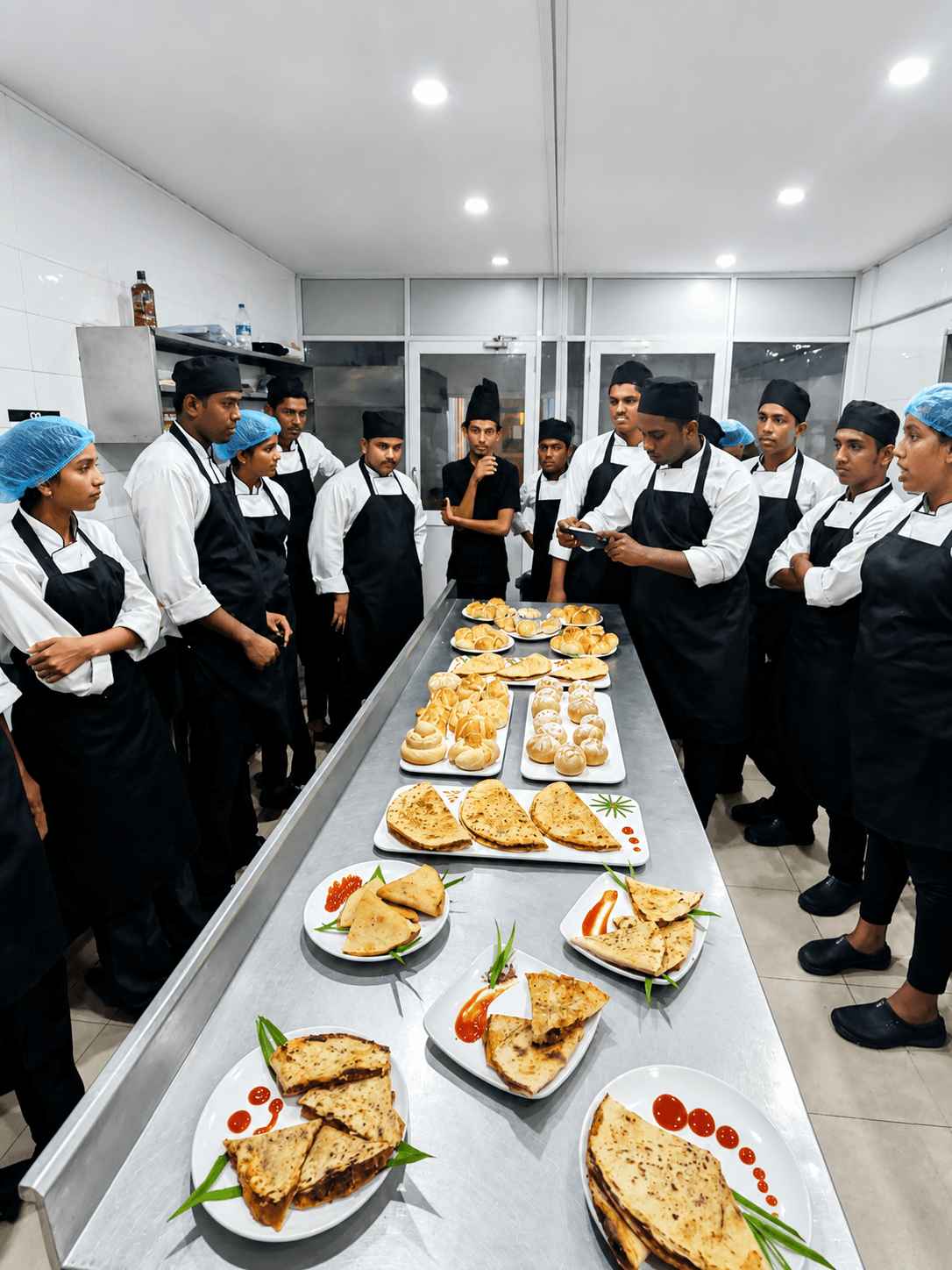Carolina Academy pastry and bakery trainees reviewing a plated selection of finished baked goods with their trainer
